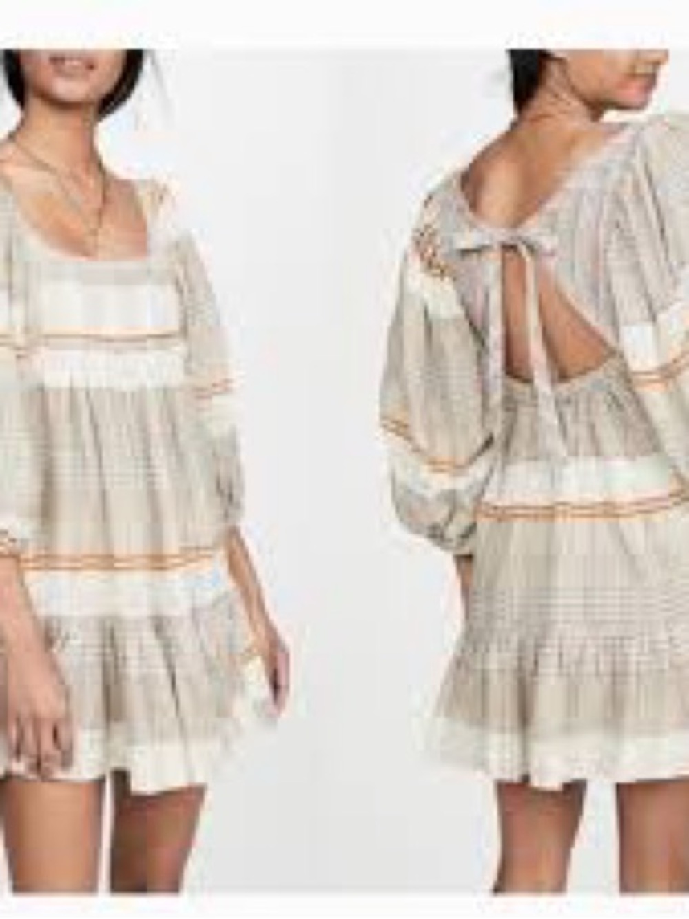 Free People Boho Tiered Flowy Mini Dress in Beige Plaid